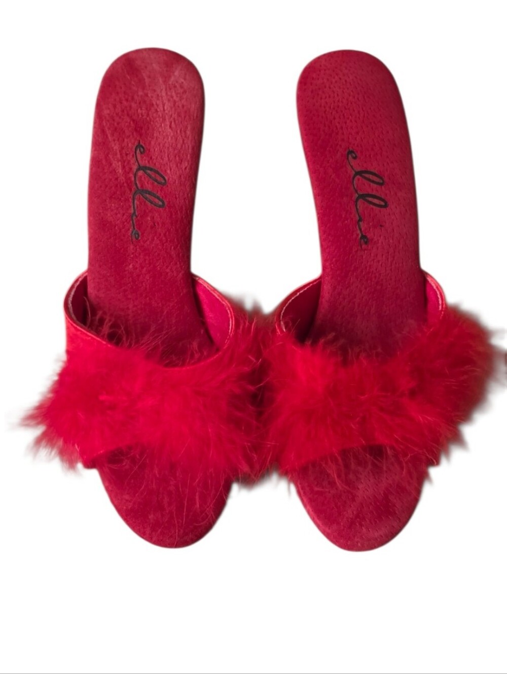 Ellie Shoes Red Marabou Feather Clear Heel Boudoir Mules Y2K Size 7 - Picture 9 of 11
